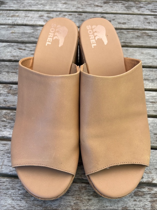 Sorel Shoes - Sorel Leather Cork Platform Wedge Slide Sandals | Tan | Size 12